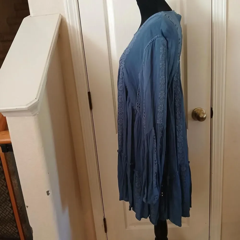 Free People Kiss Kiss Blue Embroidered Lace Tunic Dress L Boho Festival Fairy